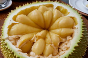 A close-up shot of the inside of a durian fruit, showcasing its creamy texture.