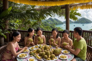 A group of people enjoying a durian feast with a beautiful tropical backdrop