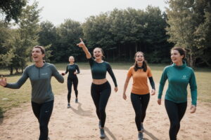 A group of friends happily engaging in outdoor activities, promoting a healthier alternative to social media