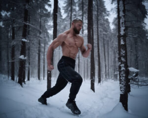 Russian athlete working out in the snow