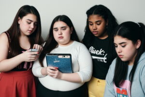 A group of sad and overwhelmed teenagers addicted to modern social media