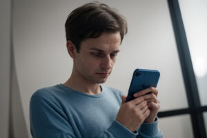 Weak man addicted to smartphone