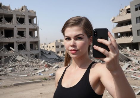 Belle Gibson doing a selfie in front of bombed buildings in Gaza