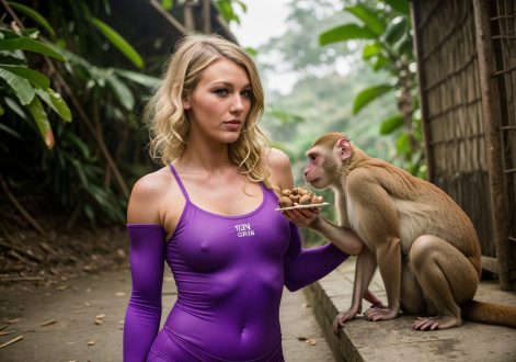 Amelie Rogers feeding monkeys durian fruits