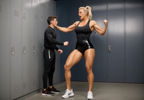 Anna Forrest beating a modern skinny man in a locker room