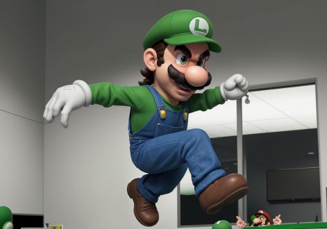 Luigi jumping high in the air, with his signature green cap and overalls