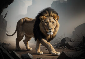 A stoic lion walking calmly through a chaotic environment, undistracted