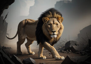 A stoic lion walking calmly through a chaotic environment, undistracted