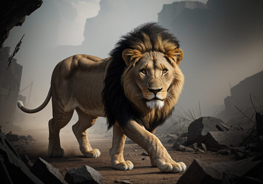 A stoic lion walking calmly through a chaotic environment, undistracted