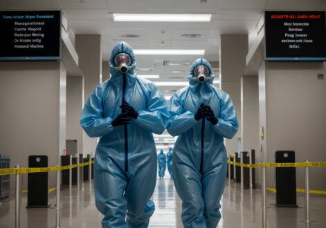 Security personnel wearing hazmat suits