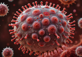 A Candara Pangi virion, covered with ribosomes acquired from host cells