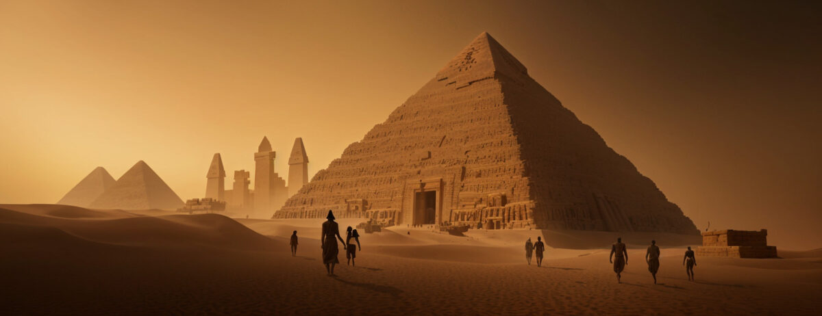A group of people walking in front of a pyramid in Egypt