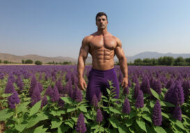 A muscular man standing on a field in Turkey, surrounded by purple bugleweed plants