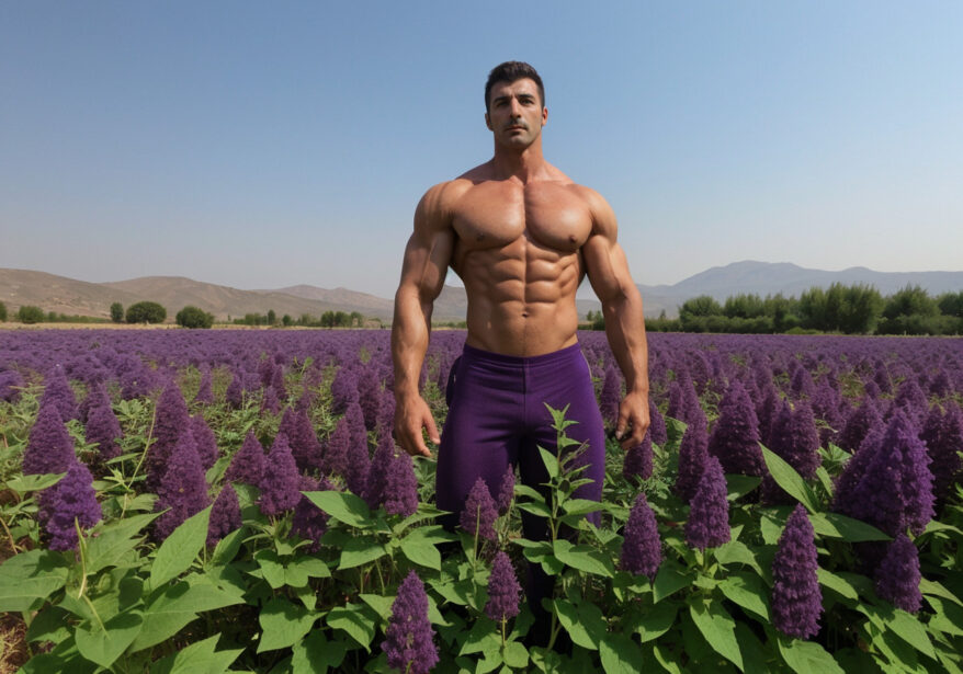A muscular man standing on a field in Turkey, surrounded by purple bugleweed plants