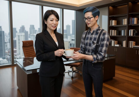 Tubgirl serving a latte to a hipster
