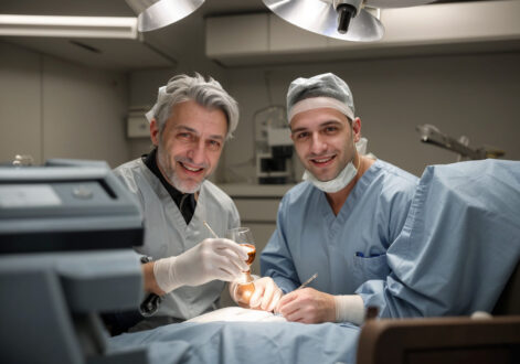 Paolo Macchiarini and a younger surgeon in his mid 20s, drinking whiskey while performing surgery in a reckless way