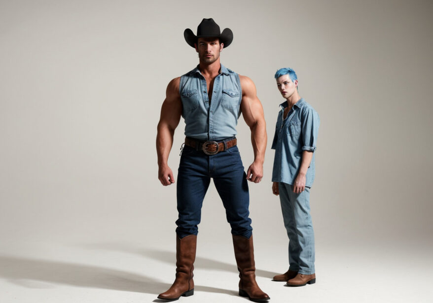 A rugged cowboy outfit with boots, belt, and hat standing in contrast to minimalist modern fashion.